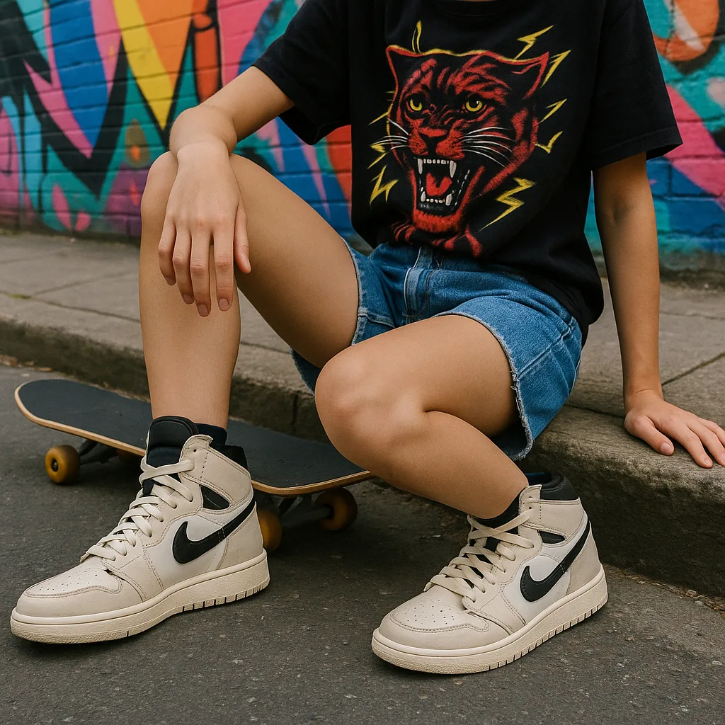 Trendy high-top sneakers styled with denim shorts and a graphic tee. Edgy street style, skateboard prop, colorful city backdrop.
