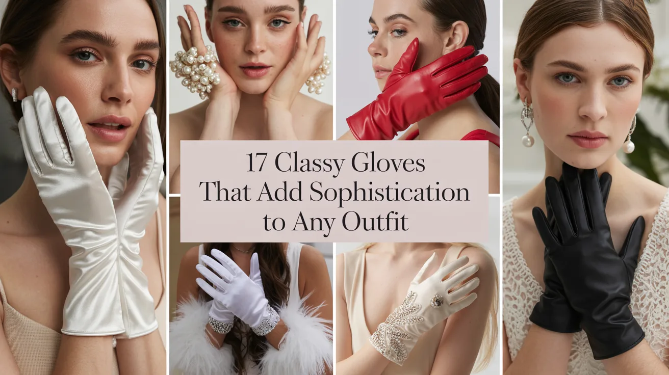 A stylish collage featuring 5–6 close-up shots of a beautiful white female model (age 23–30) with soft glam makeup, showcasing different glove styles: satin opera gloves, pearl-embellished bridal gloves, bold red leather gloves, faux fur trim winter gloves, embroidered tulle bridal gloves, and classic black leather gloves. Bright editorial aesthetic with soft beige and pastel backgrounds. Overlay elegant text in the center: “17 Classy Gloves That Add Sophistication to Any Outfit” in chic, modern typography.